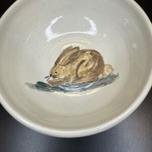 Ellen Pottery Rabbit Bowl Small Cream Brown 1997 Signed Hand Painted Artisan